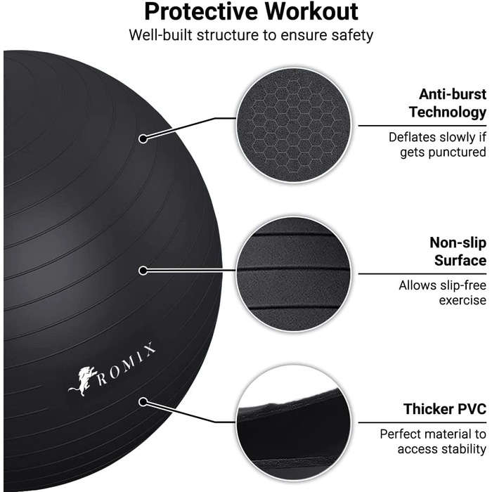 М'яч для вагітних ROMIX, Anti-Burst, з насосом, Дуже товстий, Чорний