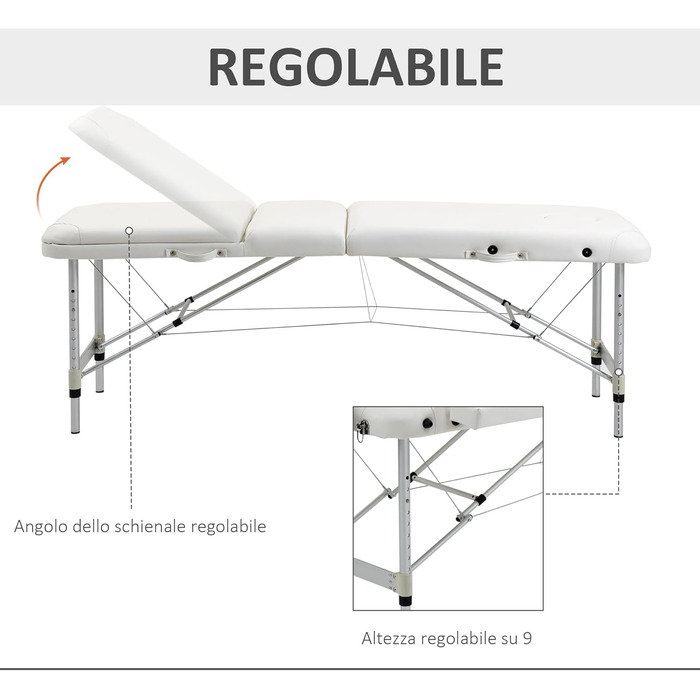 Масажний стіл HOMCOM, алюмінієвий, білий, 215х60х61-84см