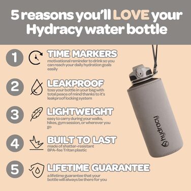 Пляшка для води Hydracy 1 л без BPA з соломинкою, маркером часу, срібляста