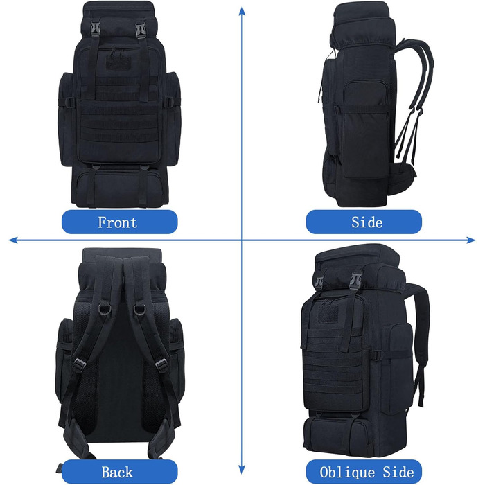 Тактичний туристичний рюкзак 80 л Molle, водостійкий, великий військовий рюкзак для походів та спорту, чорний