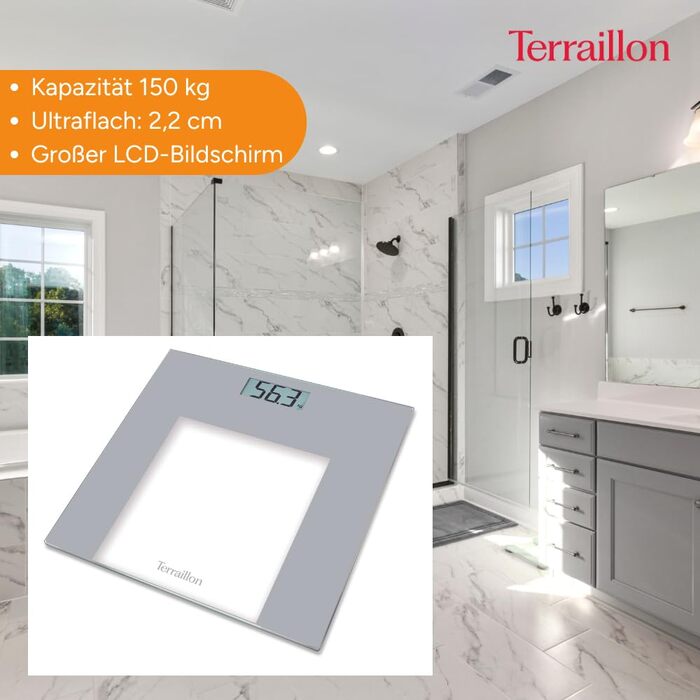 Електронні ваги Terraillon TP1000, скляні, ультратонкі, автоматичне вмикання/вимикання, LCD-дисплей, до 150 кг, сірі