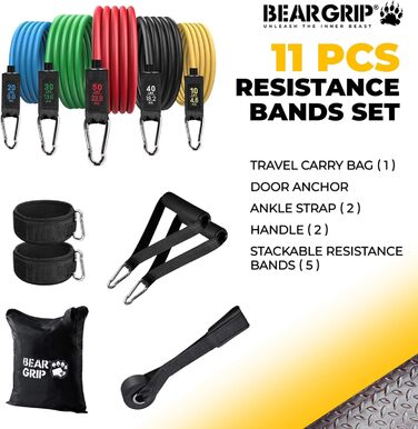 Набір BEAR GRIP: 11 опірних фітнес-стрічок з ручками, дверним якорем і сумкою для домашніх тренувань