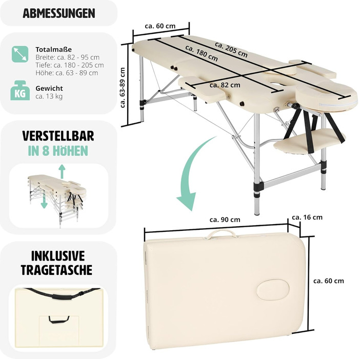 Масажний стіл tectake 2 зони, масажний стіл, масажний стіл складний, регульований по висоті алюмінієвий масажний стіл, портативна масажна лавка з аксесуарами, алюмінієвий підголівник, підлокітник і сумка для перенесення - білий (бежевий No 402787)