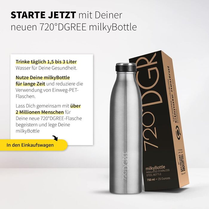 Термобутилка 720°DGREE milkyBottle 1 л, нержавіюча сталь, BPA-free, герметична, для газованої води, спорту, фітнесу, школи, кемпінгу