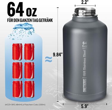 Пляшка для води з нержавіючої сталі OneTigris, пляшка для води 1.9 л високої місткості, спортивна пляшка з хорошим ізоляційним ефектом для велосипеда, кемпінгу, йоги, тренажерного залу, Softair, (64 унції, сірий)
