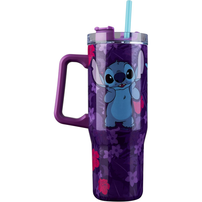 Термокружка Disney Stitch з ручкою 940 мл, ізольована подвійна стінка, кришка та соломинка, зберігає холод до 17 год, тепло до 8 год, лід до 45 год