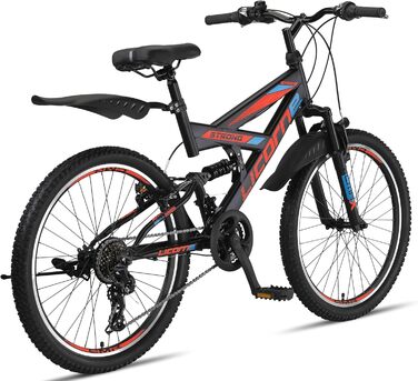 Гірський велосипед Licorne Bike PREMIUM Strong V 24 і 26 дюймів - велосипед для хлопчиків, дівчаток, жінок і чоловіків - 21 швидкісна передача - повна підвіска (чорний/синій/помаранчевий, 24,0 дюйма)