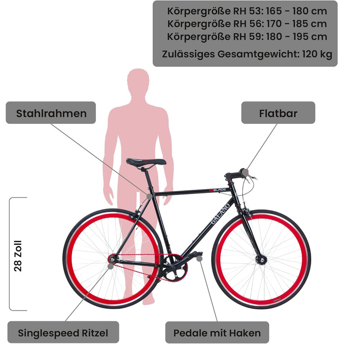 Велосипед-фіксик Galano Blade для жінок та чоловіків 165-195 см Одношвидкісний велосипед ретро 28 дюймів Багато розмірів Міські велосипеди з перекидним шльопанцем Втулка Шосейний велосипед Сіті Чорний/Червоний 53 см