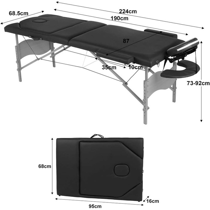 Мобільний масажний стіл Melko Складний масажний стіл з регулюванням висоти Чорна масажна лавка 3 зони Стіл для лікування
