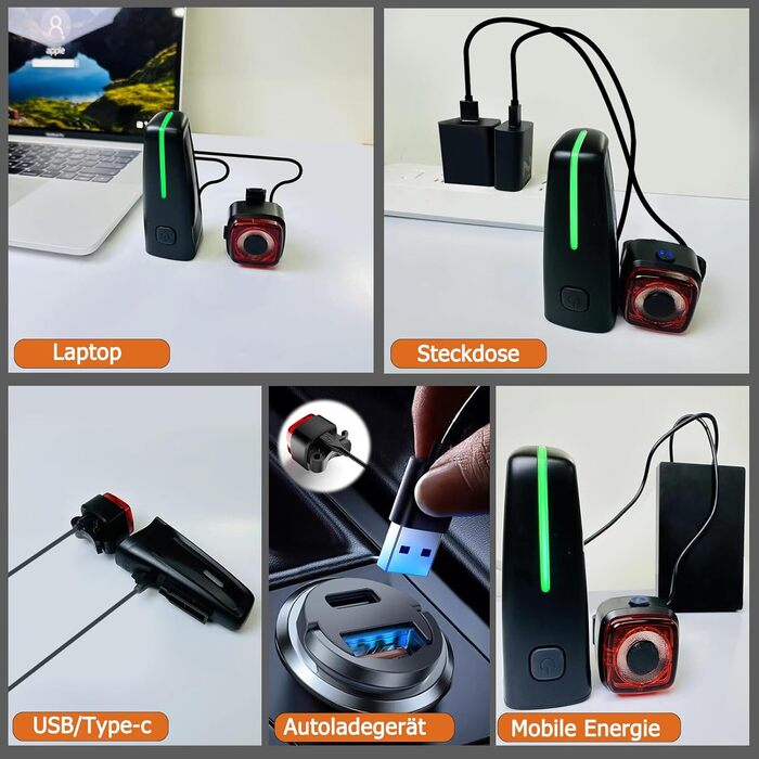 Комплект велосипедних фар 100 люкс LED StVZO, передня і задня фара, USB заряджання, водонепроникність IPX5