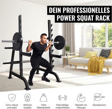 Стійка для присідань GORILLA SPORTS зі стійкою для млинців, 9 полиць для штанги, 162,5x115x186 см, макс. 300 кг, сталь, універсальна стійка для штанги, безпечна підставка