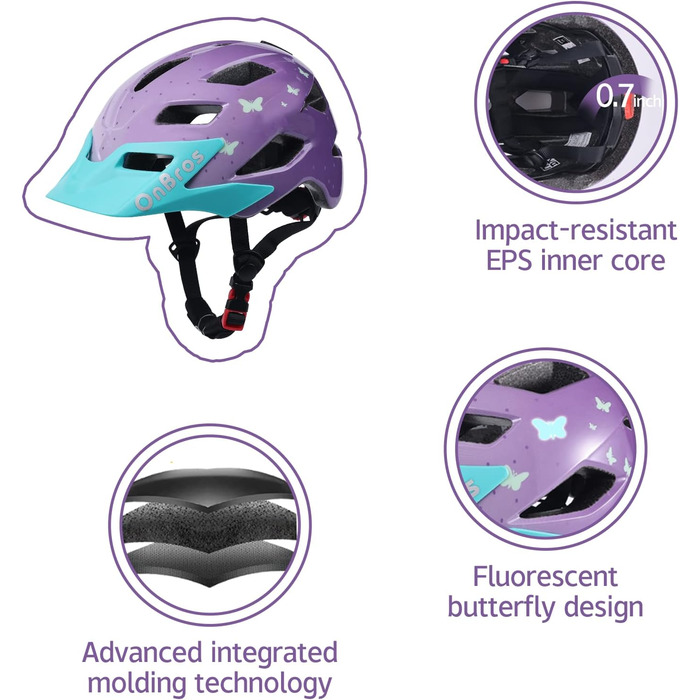 Дитячий велосипедний шолом OnBros 5-14 років Велосипедний шолом для дівчаток і хлопчиків Скейтери Дитячий шолом і велосипедний шолом Дитячий велосипедний шолом для педалборду, дитячий велосипедний шолом легко регулюється 50-57 см OB-DE-666-фіолетовий мете