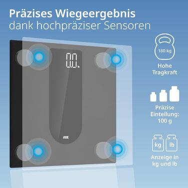 Цифрові ваги для ванної кімнати ADE з великим світлодіодним дисплеєм Нековзна вагова поверхня з безпечного скла Точний результат зважування з кроком 100 г Елегантна матова поверхня до 180 кг (чорний)