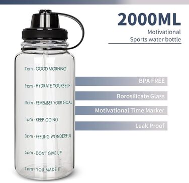 Літрова пляшка для води скляна з соломинкою та маркером часу, мотиваційна пляшка для води з неопреновим покриттям, велика скляна пляшка 2 л для фітнесу, дому та офісу, герметична, без BPA (зелена позначка часу), 4u 2-
