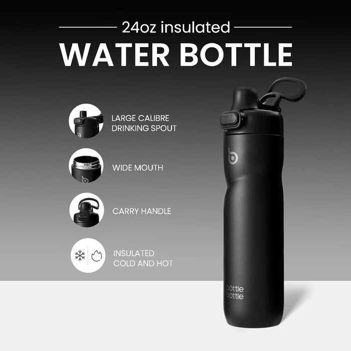 Термос пляшка BOTTLE BOTTLE 680 мл з ручкою та кришкою, нержавіюча сталь, чорна, герметична, для спорту, подорожей, велоспорту, бігу, туризму