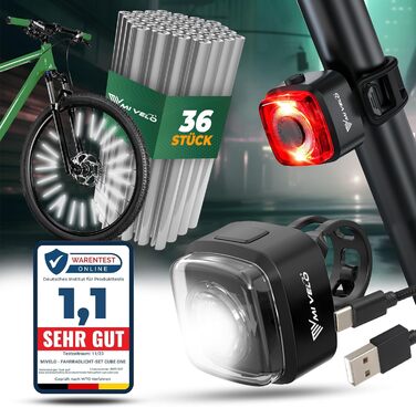 Комплект велосипедного світла Cube PRO StVZO, LED фара та задній ліхтар, USB-зарядка, водонепроникний, з рефлекторами, надяскраве освітлення