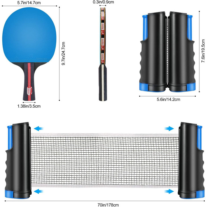 Набір весл для пінг-понгу Fostoy, 4 весла для пінг-понгу з 8 м'ячами для пінг-понгу, висувною сіткою та футляром для зберігання, ідеальний набір ракеток для настільного тенісу в приміщенні та на вулиці Family Fun, подарунковий синій