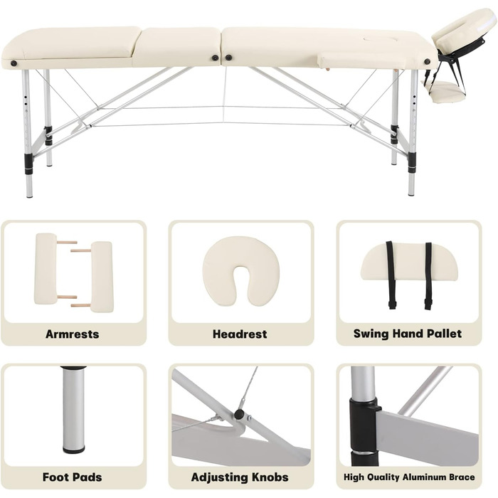 Портативний масажний стіл Panana Складний 3 зони регульований по висоті масажний стіл з підголівником і підлокітниками Масажна лава Алюмінієвий тату-стіл (бежевий)