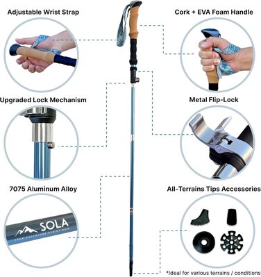 Складні туристичні палиці SOLA, легкі, складні, виготовлені з алюмінієвого сплаву 7075 з корковими ручками, для трекінгу, скандинавської ходьби, кемпінгу Steel Grey або Steel Blue (2 шт. и)