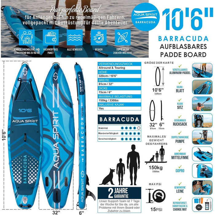 Надувна дошка для падде Aqua Spirit SUP 2024 320x815см/457x915см Комплектація з веслом, рюкзаком, насосом та іншими аксесуарами Дорослі початківці/експерти Гарантія 2 роки Синій 320см '21