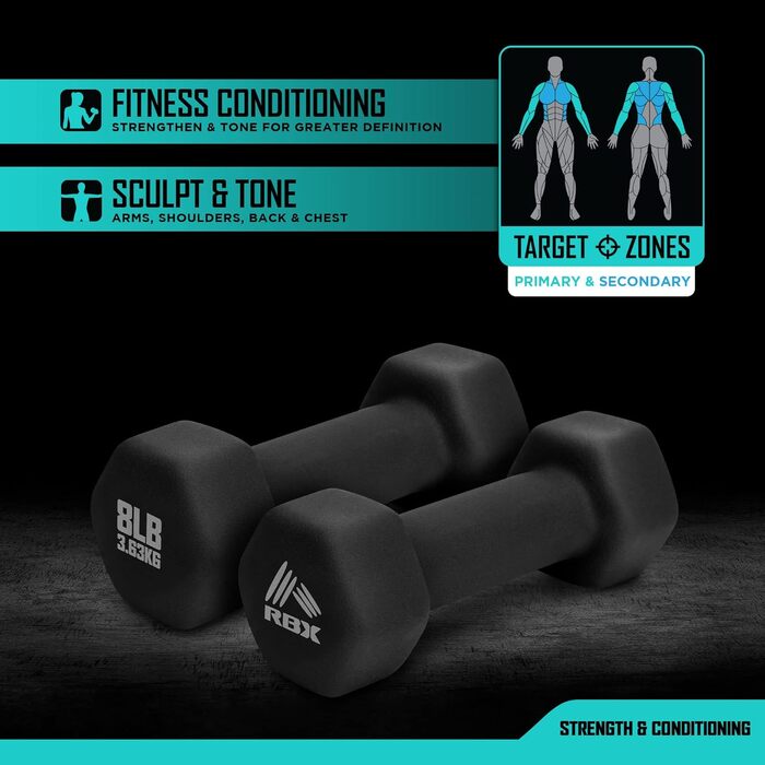 Набір гантелей RBX Weights – неопренові гантелі з нековзною ручкою, антиковзкі, для силових тренувань вдома та у спортзалі