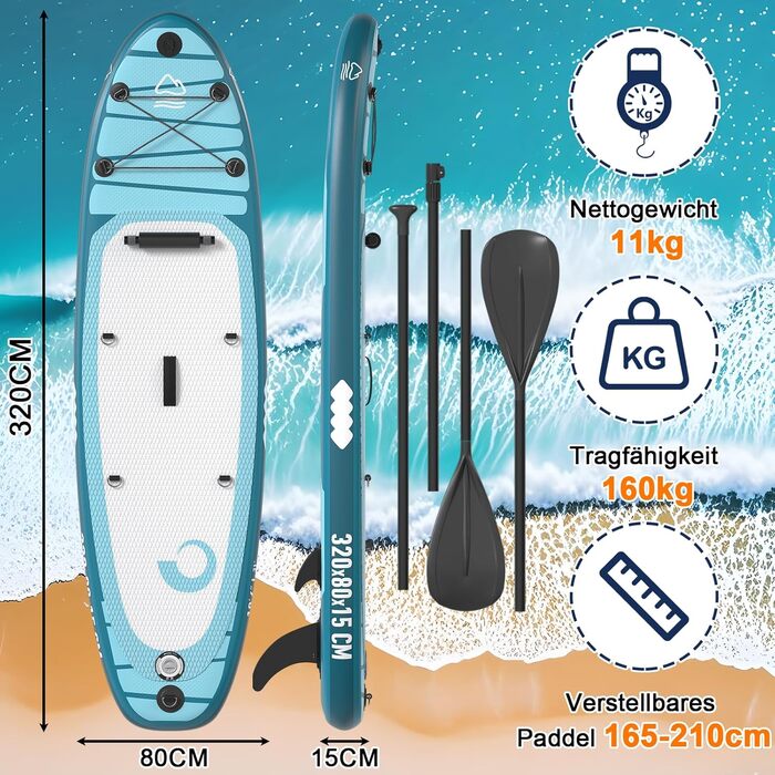 Надувна SUP-дошка Devoko 320 см, 2-в-1 з каяк-сидінням і аксесуарами, до 160 кг, для серфінгу, риболовлі та йоги