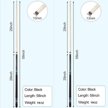 Більярдний кий Sinsilvie 58 19 20 унцій з наконечником 13 мм, чорний або білий, 1/2 кленових київ для більярду, більярдний кій, більярдний кий для чоловіків і жінок. (2 * чорний 19 унцій)
