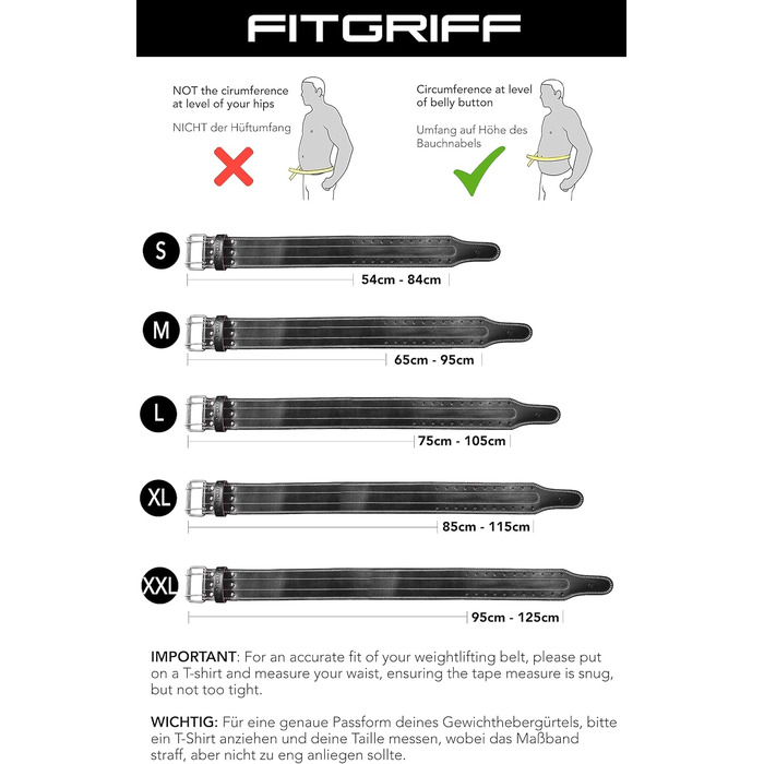 Шкіряний пояс для важкої атлетики FITGRIFF - Пояс для пауерліфтингу для бодібілдингу, силових тренувань, важкої атлетики - Шкіряний пояс для важкої атлетики - для жінок і чоловіків Black M