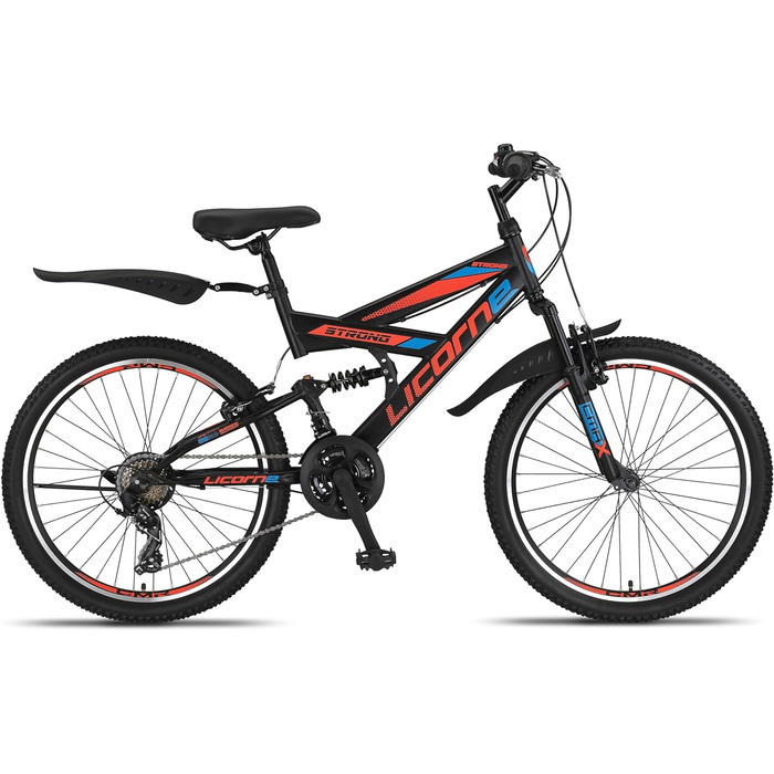 Гірський велосипед Licorne Bike PREMIUM Strong V 24 і 26 дюймів - велосипед для хлопчиків, дівчаток, жінок і чоловіків - 21 швидкісна передача - повна підвіска (чорний/синій/помаранчевий, 24,0 дюйма)