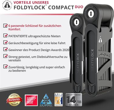 Компактний складаний замок FoldyLock для велосипеда, набір з 2 велозамків з 6 однаковими ключами і кріпленням, високий рівень безпеки, легкий, для електровелосипеда, самоката, довжина 85 см