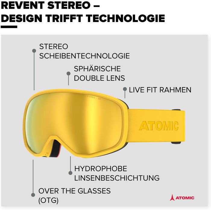 Гірськолижні окуляри ATOMIC REVENT STEREO - Гірськолижні окуляри із захистом від відблисків - Високоякісні дзеркальні окуляри для сноуборду - Окуляри з оправою Live Fit - Гірськолижні окуляри з подвійною лінзою (Saffron)