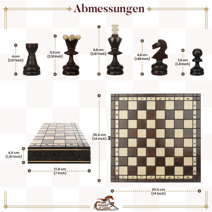 Шахова дошка з дерева преміум-класу Master of Chess, 35 см, складана, ручна робота, з фігурами, класичний сімейний набір (коричнева)