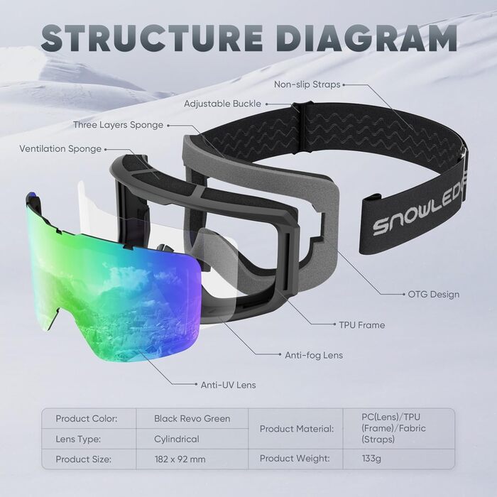 Гірськолижні окуляри Жіночі та чоловічі окуляри для сноуборду з подвійною лінзою Захист OTG UV400 Вітрозахисні лижні окуляри Шолом, сумісний з лижним катанням, мотоциклом, велосипедом, ковзанами (матова чорна/сіра лінза, повністю зелена (VLT 15))