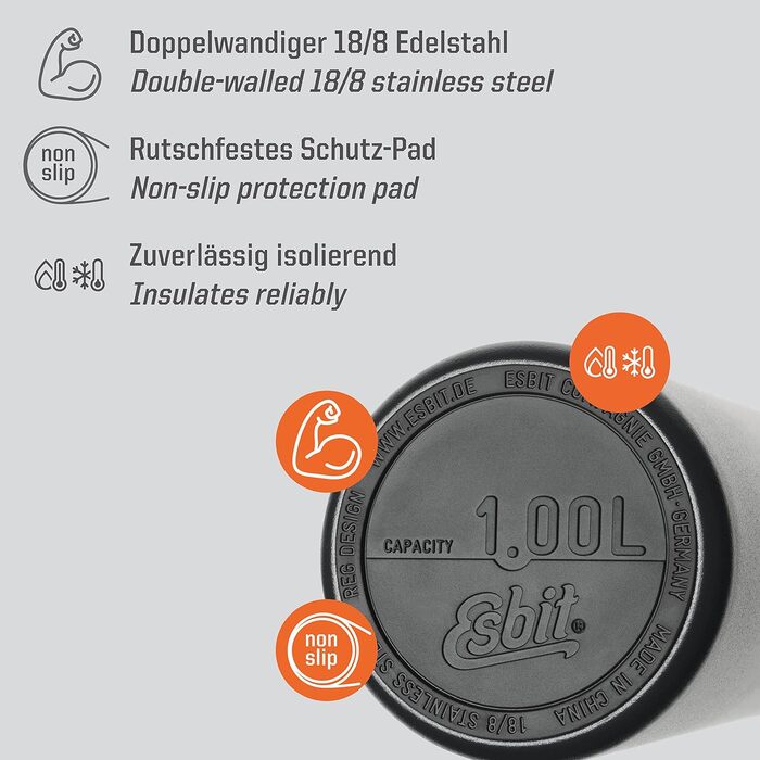 Вакуумна пляшка Esbit Majoris з кружкою - Пляшка для пиття 1000 мл - для гарячих і холодних напоїв (1000 мл, чорна)