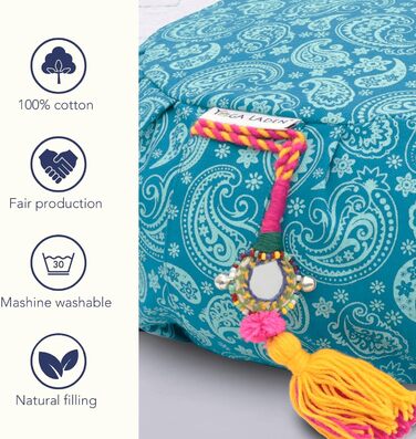 Подушка для медитації Yoga Shop Подушка для йоги Paisley Zafu 15см Подушка для йоги Чохол для підлогової подушки, яку можна прати Подушка для сидіння для йоги з наповнювачем з органічного гречаного лушпиння бірюзового кольору