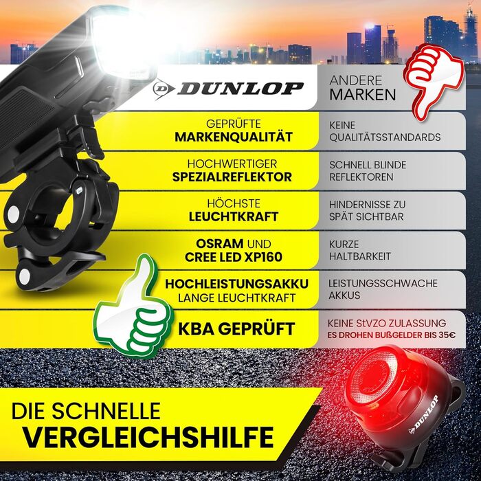 Комплект велосипедних ліхтарів Dunlop Sports — надяскравий LED з акумулятором, передня OSRAM лампа і заднє світло, StVZO, чорний