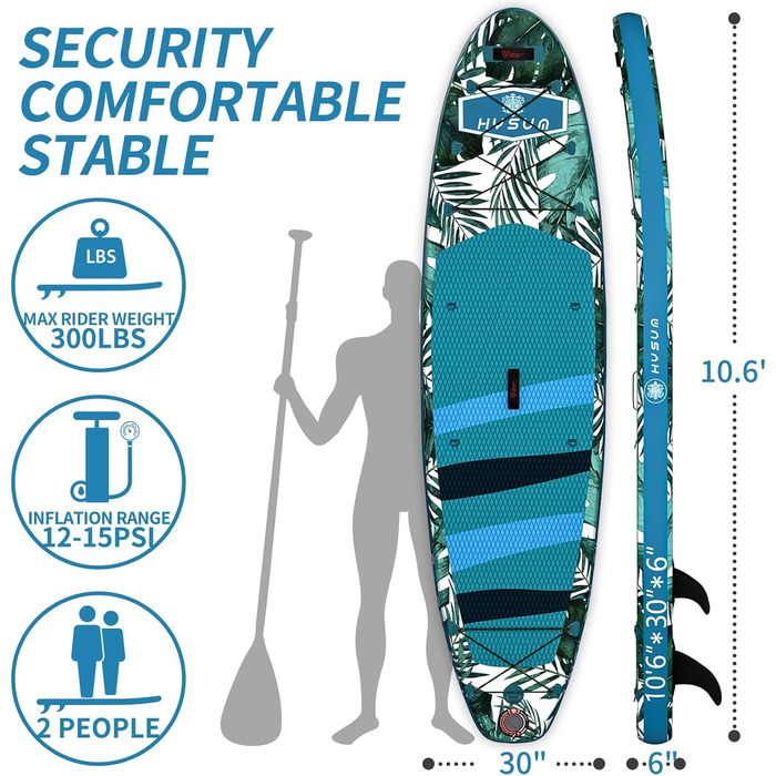 Надувна SUP-дошка HYSUM 10'x30''x6'' з аксесуарами: весло, плавці, ремінь, насос, рюкзак, ультралегка для початківців і професіоналів