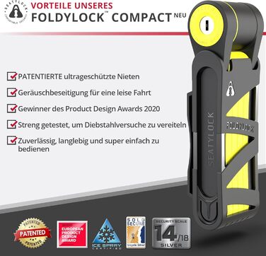 Складаний велосипедний замок FoldyLock Compact з ключем та кріпленням, 85 см – високий рівень безпеки для електровелосипеда, самоката та велосипеда