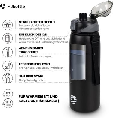 Пляшка для води FJbottle з нержавіючої сталі 1 л, 800 мл, 600 мл, 400 мл Дитяча герметична пляшка для води без бісфенолу А Пляшка-термос спортивна, газована Відповідний термос для універі, школи, фітнесу, на вулиці, велосипед чорний 1000 мл