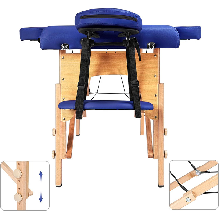 Масажний стіл Yaheetech Мобільний масажний стіл 2 зони Портативне масажне ліжко Регульовані по висоті дерев'яні ніжки з підголівником і підлокітниками 213 82 x 85,5 см до 250 кг З можливістю завантаження (213 x 82 см, синій)