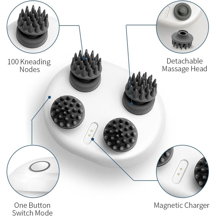 Електричний масажер для голови, портативний ручний масажер з 4 розминаючими головками та 100 вузлами, для розслаблення тіла та зняття стресу, ідеально підходить для жінок, чоловіків, собак масаж для домашніх тварин
