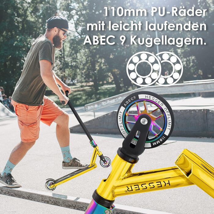 Трюковий самокат KESSER X-Limit-Pro з рульовим керуванням Funscooter Stunt Scooter Scooter з підставкою ABEC 9 кулькових підшипників, 110 мм PU колеса, Kick Scooter Kick Scooter City Scooter Trick Scooter для дітей дорослих (хром / золото)