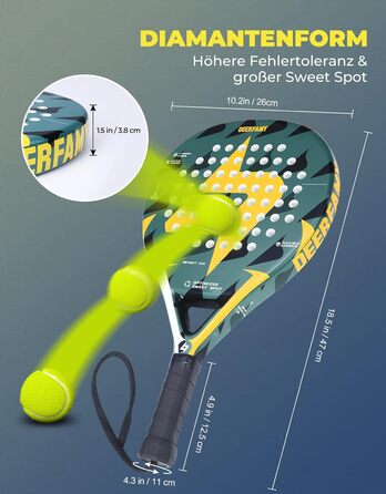 Ракетка DEERFAMY Padel EVA & Full Carbon, міцна та ідеальна для початківців, збільшена швидкість завдяки конструкції на 68 отворів, нековзна рукоятка та розмір шнура зап'ястя 47*26*3,8 см - унісекс, дорослий, 0,4 кг