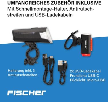 Велосипедний світловий комплект FISCHER: передня і задня фара з акумулятором, USB-зарядка, водозахист IP44, StVZO, 80/40/20 Люкс