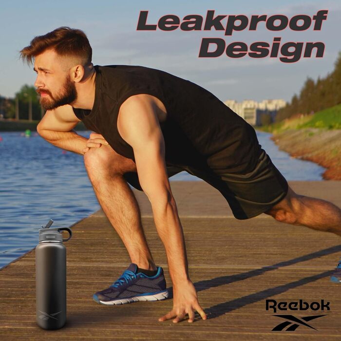 Reebok пляшка для води з нержавіючої сталі зі соломинкою, спортивний дизайн, ізольована, 900 мл, подвійні стінки, вакуумна, BPA-free, чорна