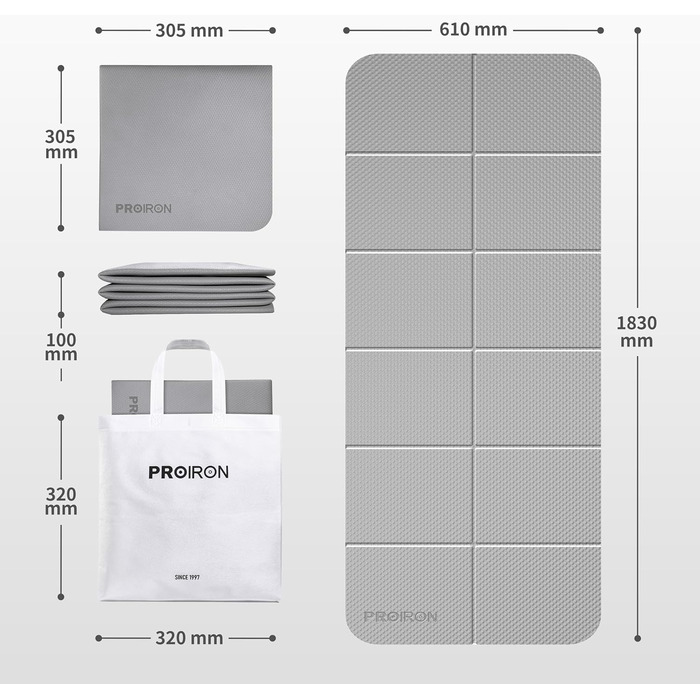 Килимок для йоги PROIRON Foldable TPE, туристичний килимок для йоги нековзний і легкий 183 см x 61 см x 6 мм, гімнастичний килимок з сумкою для фітнесу Пілатес (сірий)