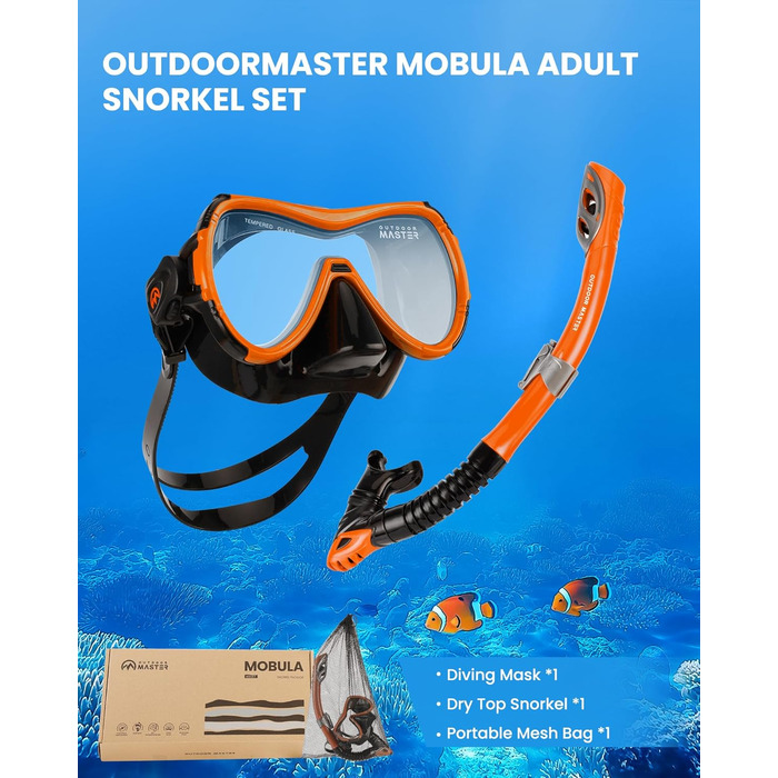 Набір для підводного плавання OutdoorMaster Mobula для дорослих: маска з загартованим склом, антифог, трубка TOP Dry для дайвінгу, снорклінгу та плавання