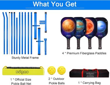 Набір сіток для піклболу для під'їзної доріжки, портативний, відкритий, звичайного розміру, сітка для маринованих м'ячів з веслами, 4 шт. и, кульки для маринування, сумка, атмосферостійка металева рамна сітка для піклболу зі скловолокном синя