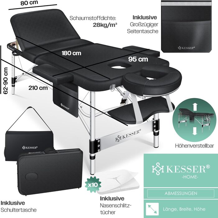 Мобільний масажний стіл KESSER Складний і регульований по висоті 3 зони Масажний стіл Косметичний стіл Широкий терапевтичний стіл з алюмінію 10 шт. підставка для обличчя з підголівником Підлокітники та сумка (ширина - 80 см, чорний)
