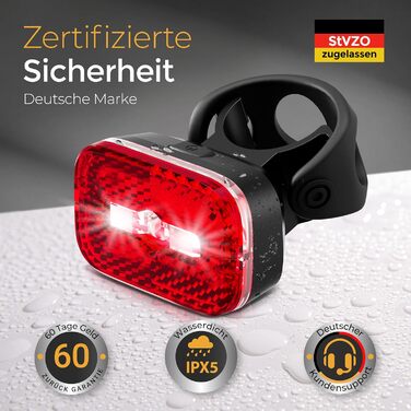 LED велосипедне світло 100 Люкс з акумулятором 2000 мА·год, USB-C, з відбивачем і стоп-сигналом, водонепроникне, переднє/заднє, StVZO, для велосипеда